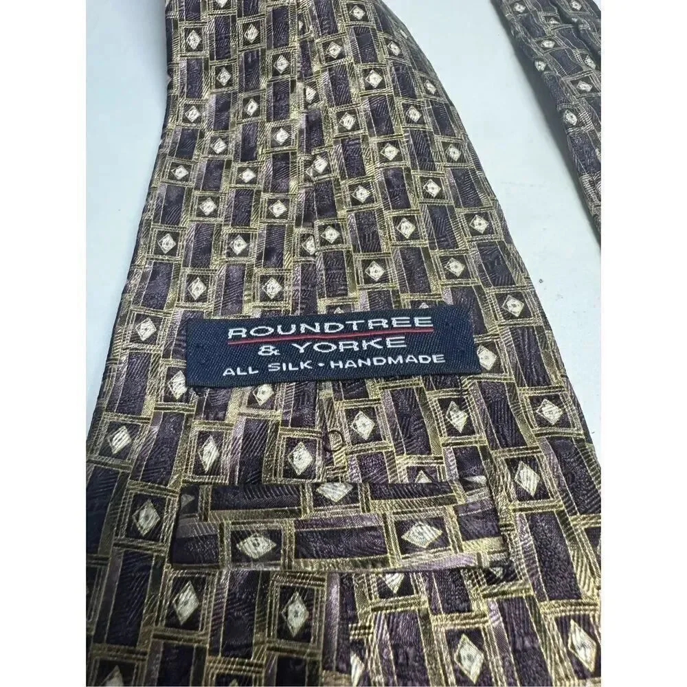 ROUNDTREE YORKE US MADE BEIGE PURPLE GOLD Shapes Silk Necktie Ties